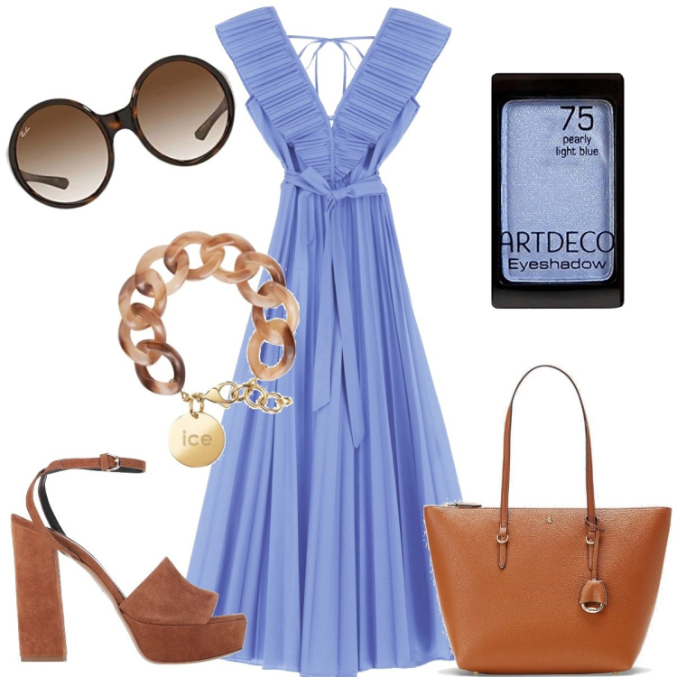 Outfit donna - Celeste. Stile Boho per Tutti i giorni. Abbinamento con sandali in pelle, borse tote, vestiti lunghi, occhiali da sole, ombretti, braccialetti.
