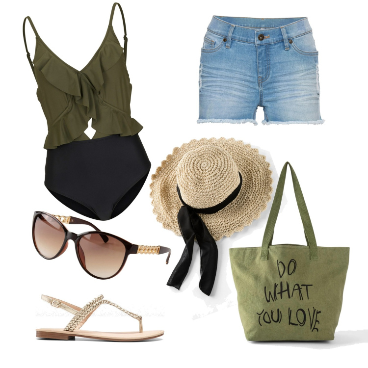 Outfit donna - Pronta in un attimo. Stile Casual chic per Mare. Abbinamento con costumi interi, ciabatte, cappelli, shopping bag, shorts, occhiali da sole.