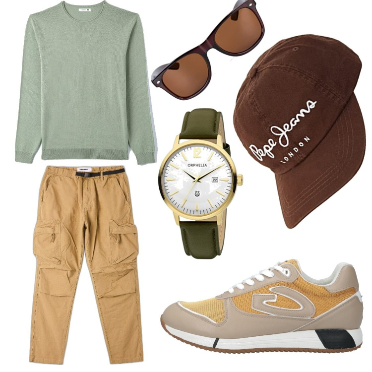 Outfit uomo - Un pullover per la primavera. Stile Casual per Tutti i giorni. Abbinamento con sneakers, pullovers, pantaloni cargo, orologi analogici, cappelli, occhiali da sole.