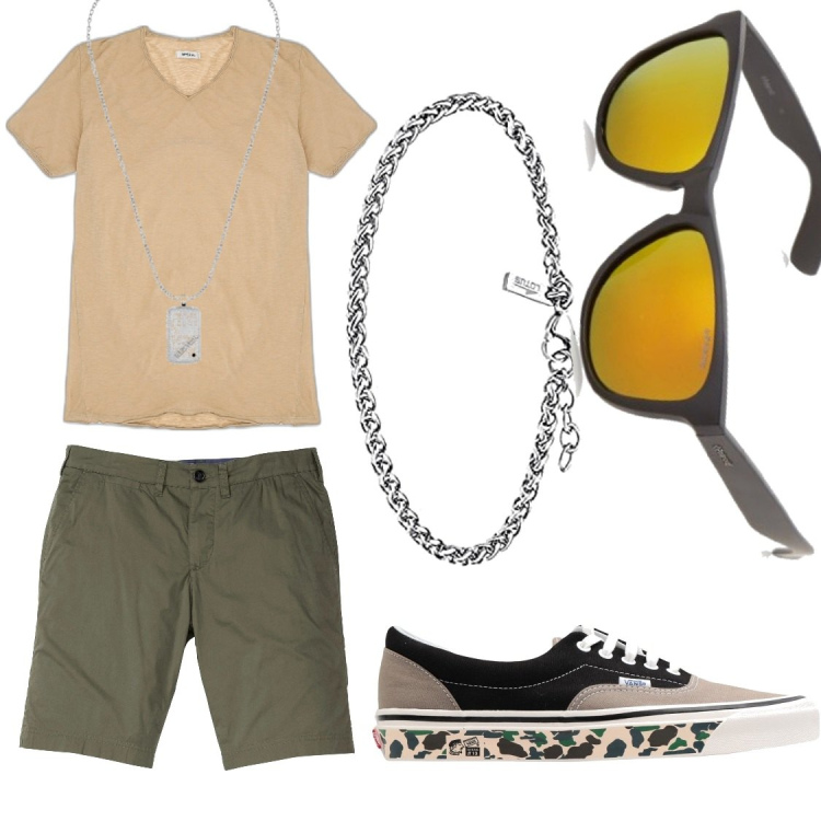 Outfit uomo - Casual molto comodo. Stile Casual per Tutti i giorni. Abbinamento con t-shirt, sneakers, bermuda, braccialetti, collane, occhiali da sole.