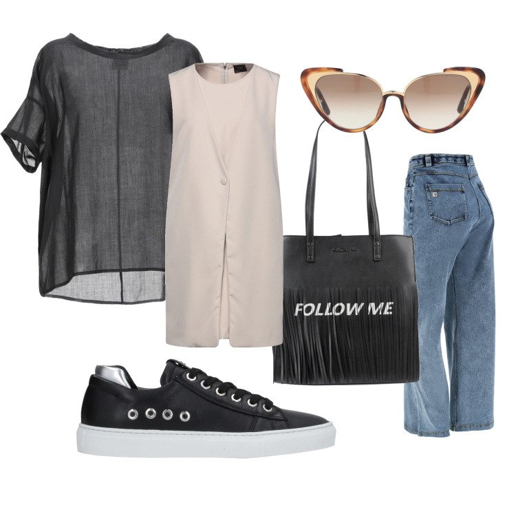 Outfit donna - Pomeriggio di shopping. Stile Casual chic Abbinamento con vestiti corti, bluse, sneakers, borse a spalla, occhiali da sole, jeans.