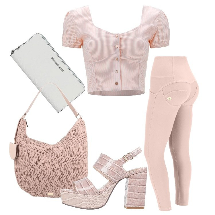 Outfit donna - Estate all\'insegna dello stile sporty-ch. Stile Sporty chic per Tutti i giorni. Abbinamento con sandali in pelle, borse a spalla, portafogli, pantaloni skinny, top.
