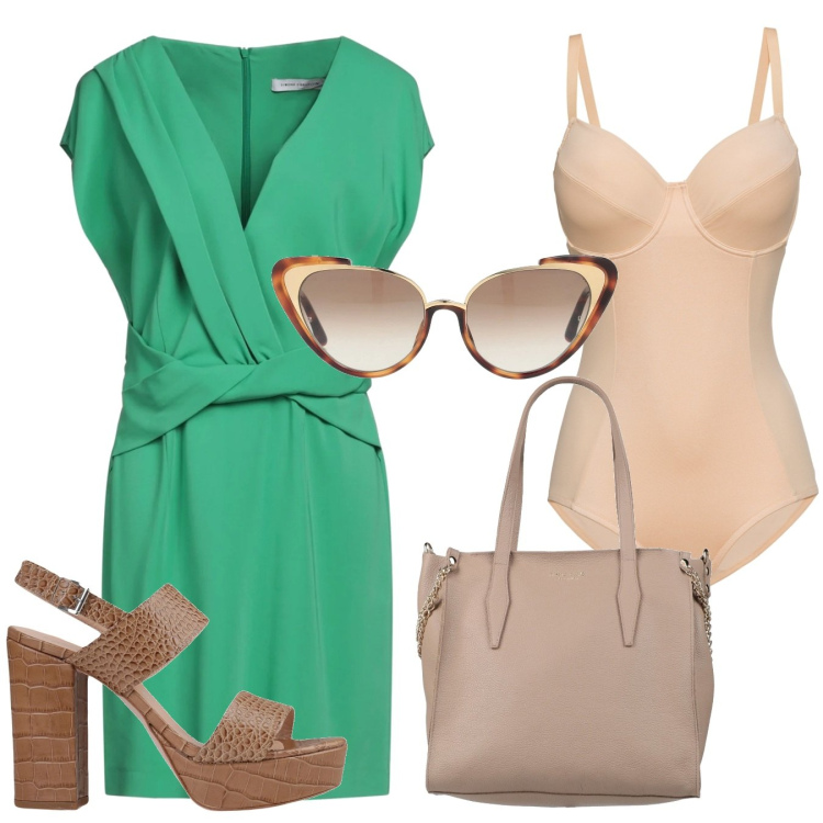 Outfit donna - Voglia di verde. Stile Minimal per Ufficio. Abbinamento con body, vestiti corti, sandali col tacco, borse a mano, occhiali da sole.