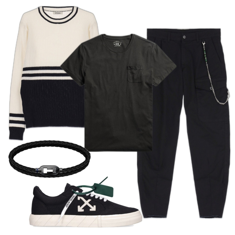 Outfit uomo - Rock n\'roll casual. Stile Biker Rock per Serata speciale. Abbinamento con pantaloni, pullovers, t-shirt, sneakers, braccialetti.