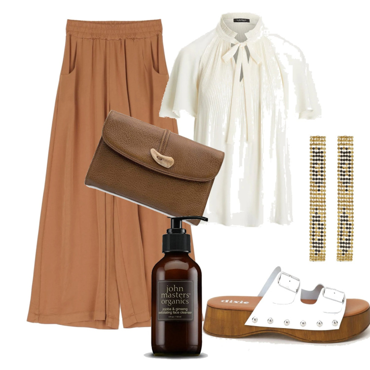 Outfit donna - Comoda e spensierata. Stile Bon Ton per Tutti i giorni. Abbinamento con borse a mano, pantaloni a palazzo, sandali in pelle, camicie, ombretti, orecchini.