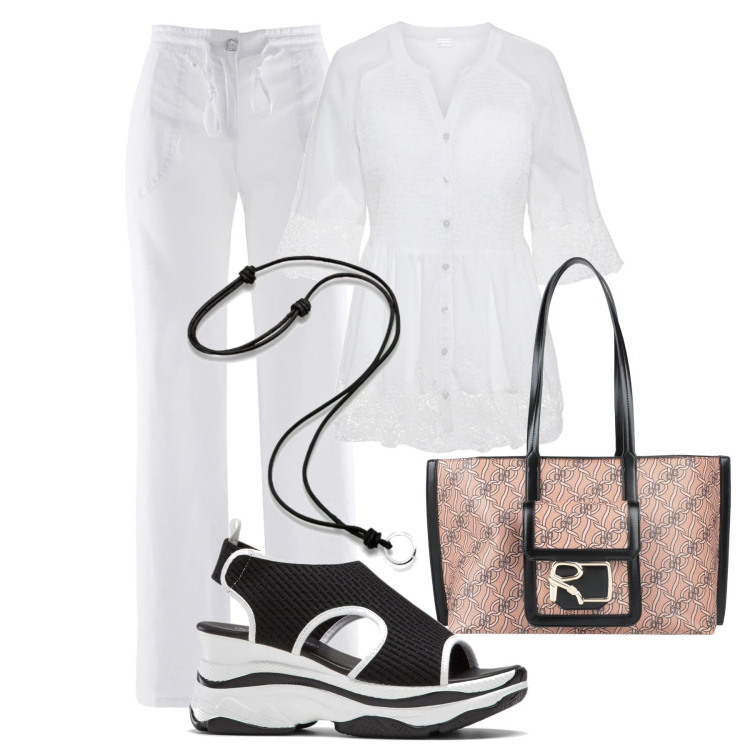 Outfit donna - Comoda e spensierata. Stile Minimal per Tutti i giorni. Abbinamento con pantaloni a palazzo, sandali col tacco, camicie, borse a spalla, collane.