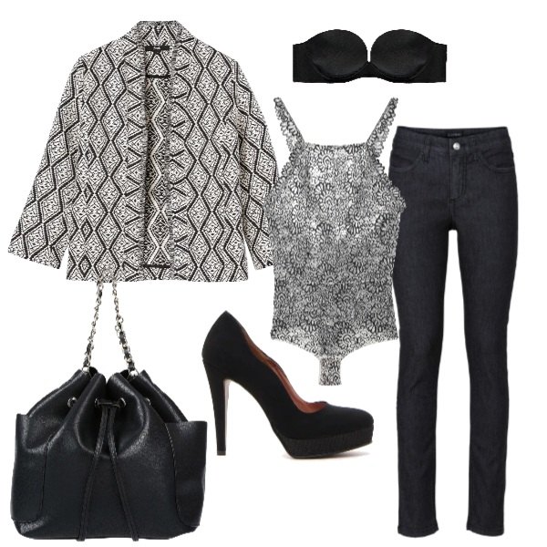 Outfit donna - Basic #15334. Stile Basic per Tutti i giorni. Abbinamento con jeans skinny, borsa a mano secchiello con manico taglia media con coulisse interno sfoderato in pelle sintetica tinta unita, kimono, body senza ferretto con pizzo e spalline con bottoni multicolore, décolleté nero, reggiseno con cerchi e spalline con fasce e gancetto nero.