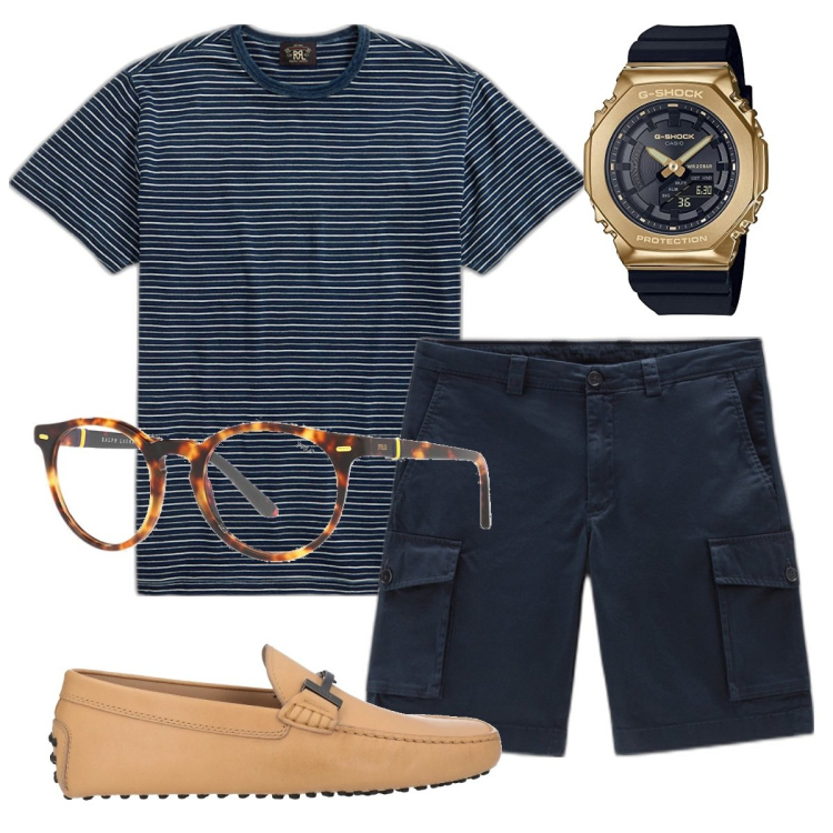 Outfit uomo - Total look #1632232. Stile Trendy per Tutti i giorni. Abbinamento con scarpe stringate, pantaloni corti, t-shirt, occhiali da sole, orologi.