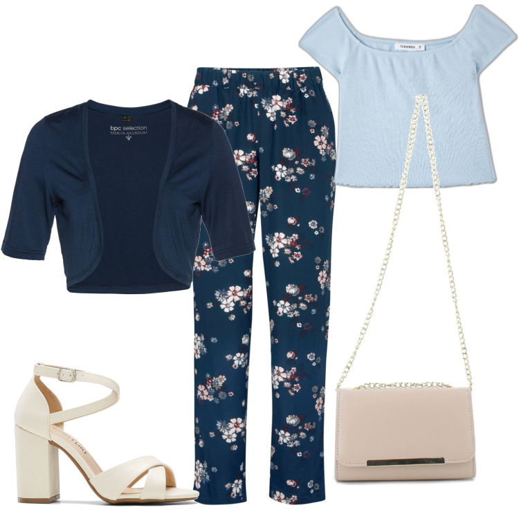 Outfit donna - Floreale estivo. Stile Casual per Tutti i giorni. Abbinamento con pantaloni, sandali col tacco, blazer, t-shirt, clutch.