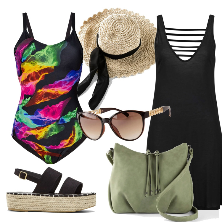 Outfit donna - Voglia di mare #2. Stile Casual chic per Mare. Abbinamento con costumi interi, vestiti da spiaggia, borse a tracolla, sandali, cappelli, occhiali da sole.