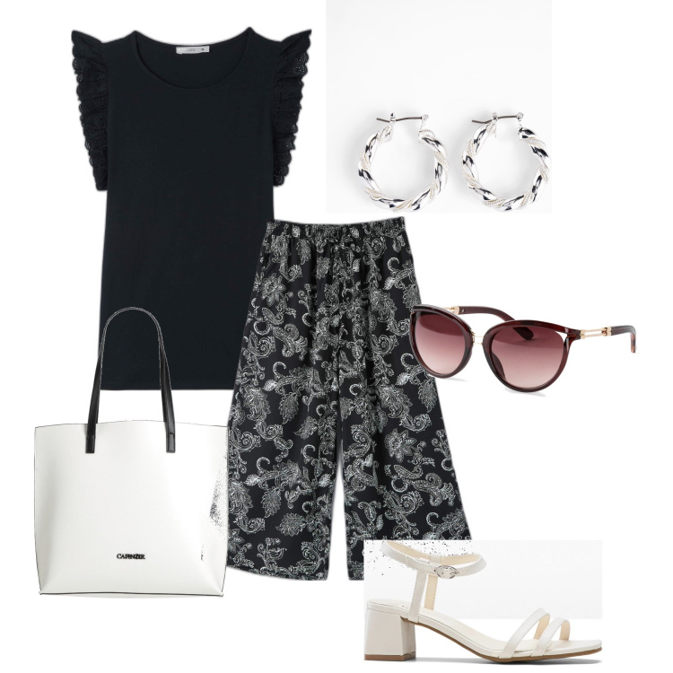 Outfit donna - Total look #1632270. Stile Casual chic per Tutti i giorni. Abbinamento con occhiali da sole, orecchini, sandali col tacco, borse a mano, t-shirt, pantaloni a palazzo.