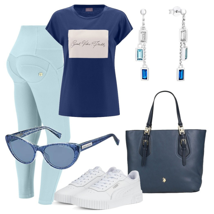 Outfit donna - Marzia. Stile Casual per Tutti i giorni. Abbinamento con borse a mano, pantaloni skinny, t-shirt, sneakers, orecchini, occhiali da sole.