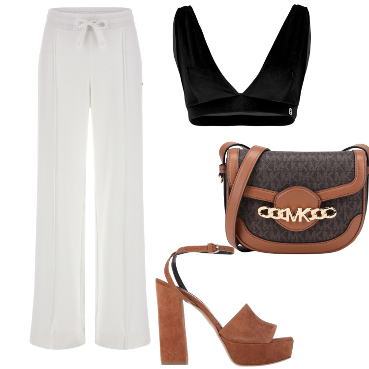 Outfit donna - Questa sono io. Abbinamento con sandali in pelle, borse a tracolla, pantaloni a palazzo, top.