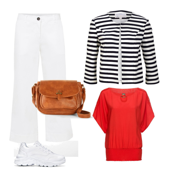 Outfit donna - Total look #1632321. Stile Casual per Tutti i giorni. Abbinamento con bluse, sneakers, borse a tracolla, pantaloni culotte, blazer.