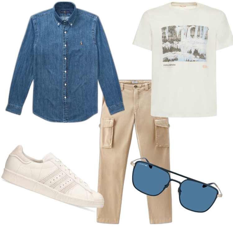 Outfit uomo - Total look #1632325. Stile Urban per Tutti i giorni. Abbinamento con pantaloni cargo, camicie, occhiali da sole, sneakers, t-shirt.