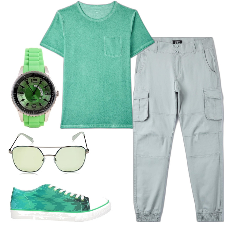 Outfit uomo - Green. Stile Urban per Tutti i giorni. Abbinamento con sneakers, t-shirt, pantaloni cargo, occhiali da sole, orologi.