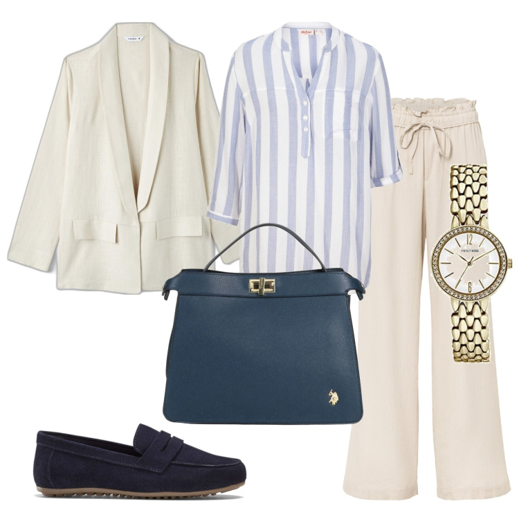 Outfit donna - Giornate variabili. Stile Basic per Ufficio. Abbinamento con mocassini, bluse, pantaloni a palazzo, borse a mano, blazer, orologi analogici.
