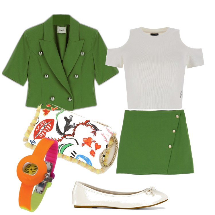 Outfit donna - Tailleur preppy. Stile Preppy per Tutti i giorni. Abbinamento con ballerine, top, pochette, minigonne, giacche, orologi digitali.