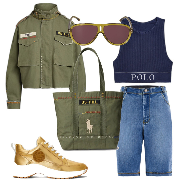 Outfit donna - Sporty girl. Stile Sporty chic per Tutti i giorni. Abbinamento con bermuda, giacche, borse tote, canottiere, sneakers, occhiali da sole.