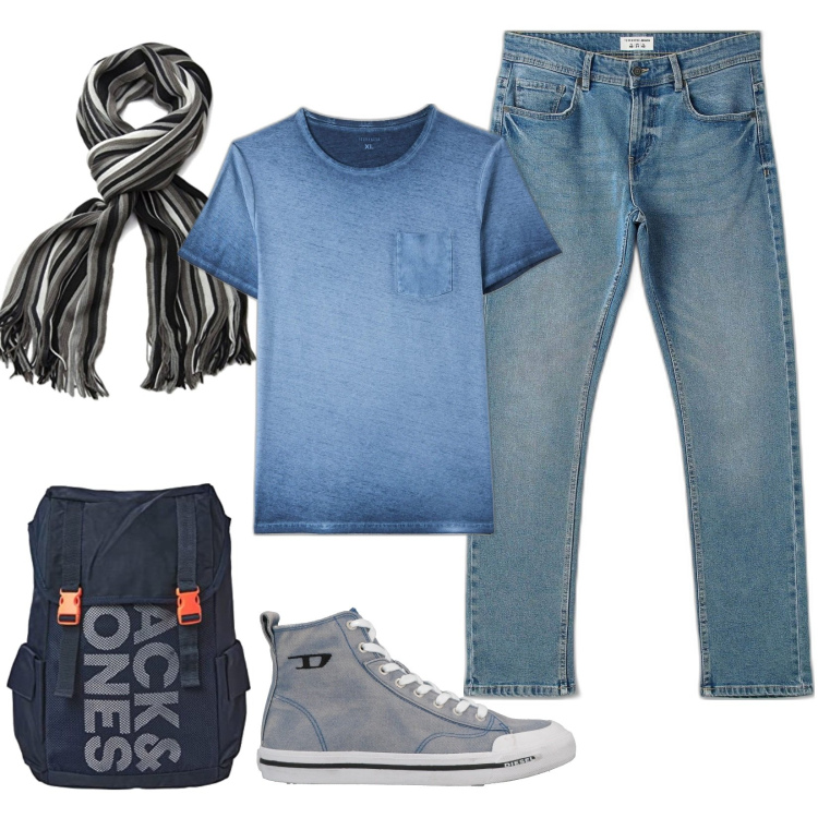 Outfit uomo - In ateneo. Stile Urban per Tutti i giorni. Abbinamento con sneakers, t-shirt, jeans, sciarpe, borse sportive.