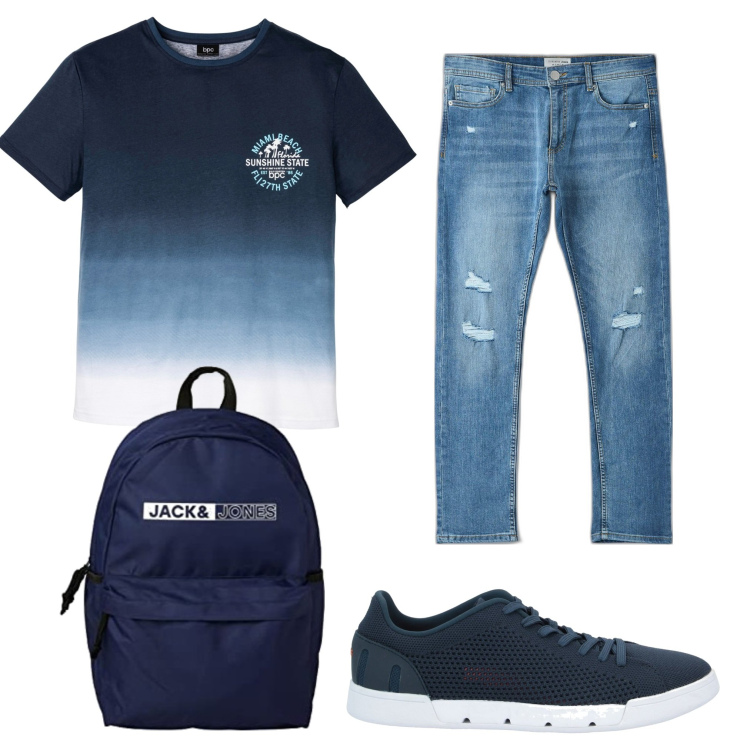 Outfit uomo - Total look #1632449. Stile Urban per Tutti i giorni. Abbinamento con t-shirt, sneakers, jeans, borse sportive.
