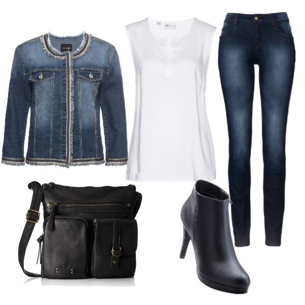 Outfit donna - Basic #15338. Stile Basic per Tutti i giorni. Abbinamento con blazer, jeans skinny, stivaletti, top con spacco e scollo bianco, borsa a tracolla nero.