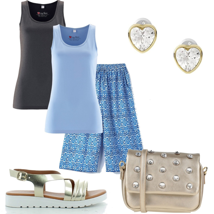 Outfit donna - Comoda e glamour. Stile Glamour per Tutti i giorni. Abbinamento con canottiere, borse a tracolla, pantaloni a palazzo, sandali in pelle, orecchini.