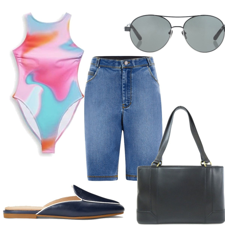 Outfit donna - Total look #1632520. Stile Basic per Mare. Abbinamento con borse a spalla, occhiali da sole, bermuda, sabot, costumi interi.