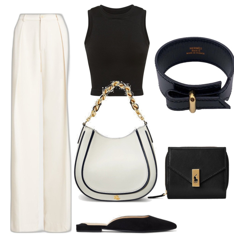 Outfit donna - Elegante sopra la 50. Stile Casual chic per Serata fuori. Abbinamento con braccialetti, portafogli, pantaloni, borse a spalla, sabot, canottiere.