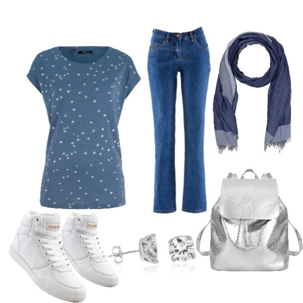 Outfit donna - Casual. Stile Basic per Tutti i giorni. Abbinamento con jeans dritti, t-shirt blu, pantaloni, zaino effetto metallizzato argento, stola in cotone tinta unita, orecchini in ottone.