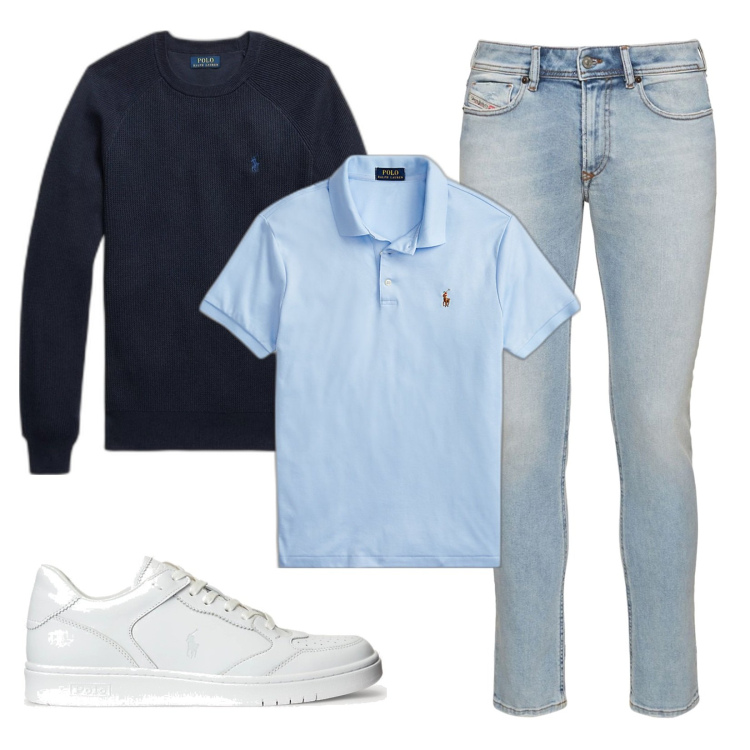 Outfit uomo - Jeans e Polo Ralph Lauren. Stile Casual per Tutti i giorni. Abbinamento con polo, maglieria, sneakers alte, jeans.