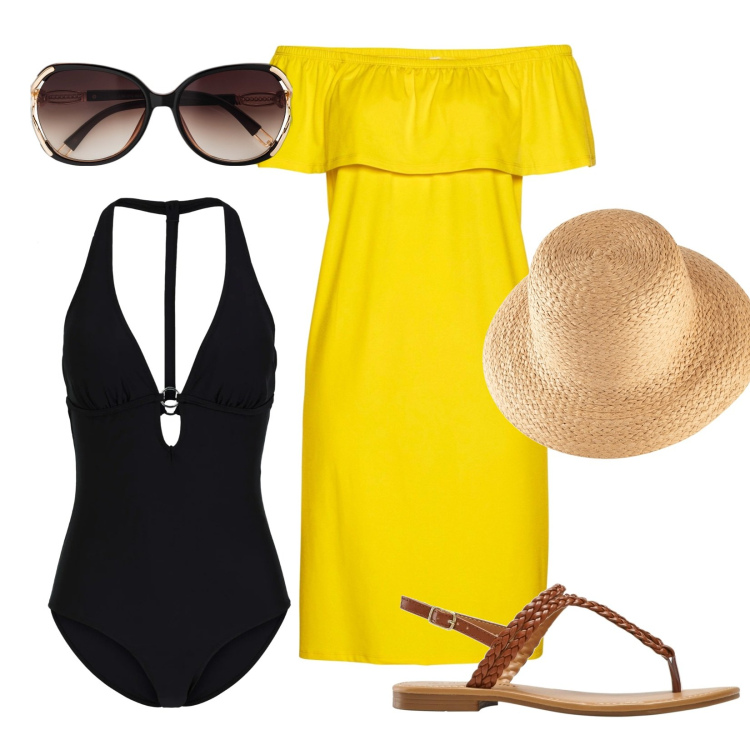Outfit donna - Total look #1632614. Stile Minimal per Mare. Abbinamento con costumi interi, occhiali da sole, vestiti, ciabatte, cappelli.