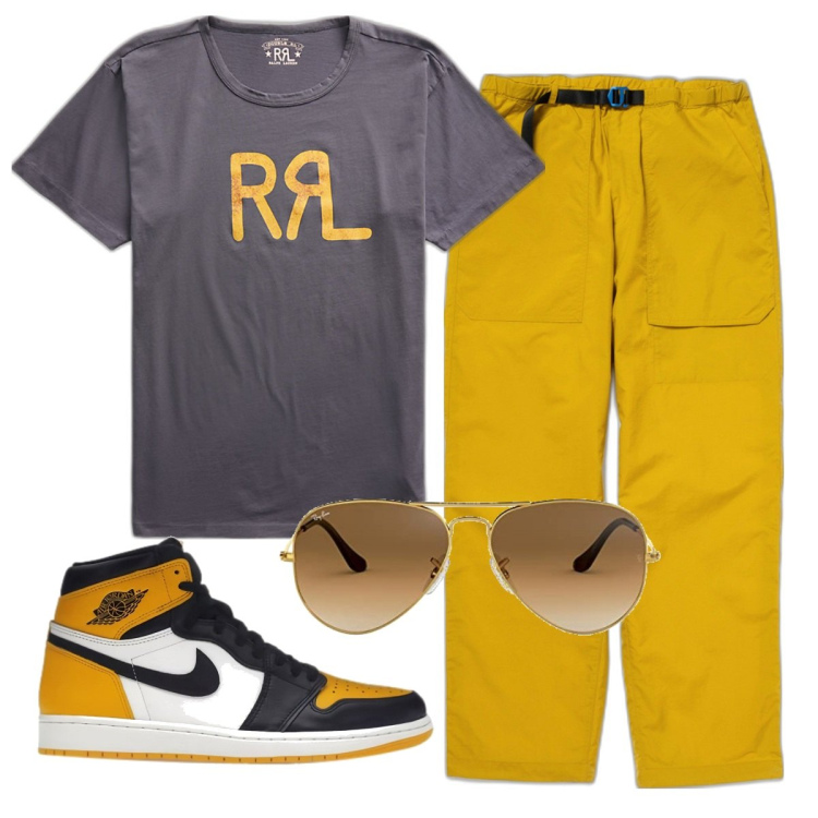 Outfit uomo - Total look #1632624. Stile Trendy per Tutti i giorni. Abbinamento con sneakers alte, pantaloni, t-shirt, occhiali da sole.
