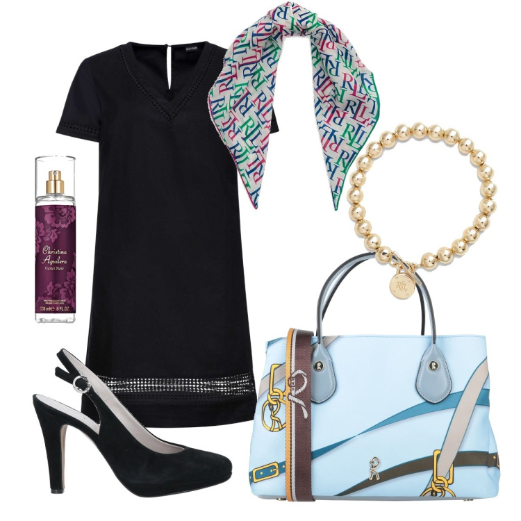 Outfit donna - Over 50 trendy e chic. Stile Trendy per Serata fuori. Abbinamento con vestiti, décolleté, borse a mano, foulard, braccialetti, profumi.