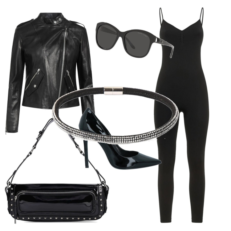 Outfit donna - Sexy black. Stile Rock per Serata fuori. Abbinamento con décolleté, giacche, occhiali da sole, collane, tute, borse a spalla.