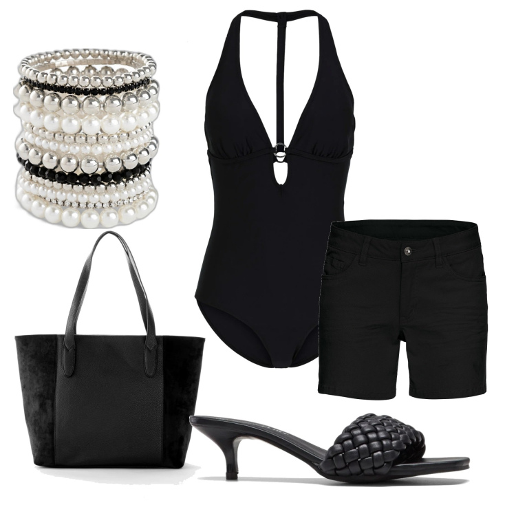 Outfit donna - Black June Sea. per Mare. Abbinamento con costumi interi, braccialetti, shopping bag, shorts, ciabatte.