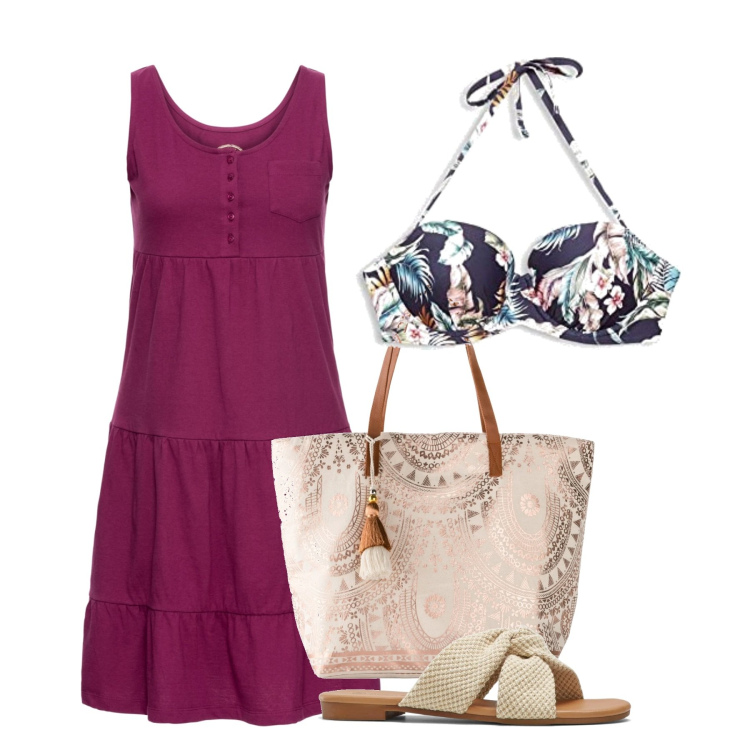 Outfit donna - Borgogna al mare. Stile Bon Ton per Mare. Abbinamento con vestiti corti, shopping bag, ciabatte, bikini.