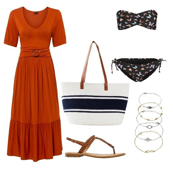 Outfit donna - dalla spiaggia all\'aperitivo. Stile Casual chic per Mare. Abbinamento con bikini, braccialetti con ciondoli, vestiti, ciabatte, shopping bag.