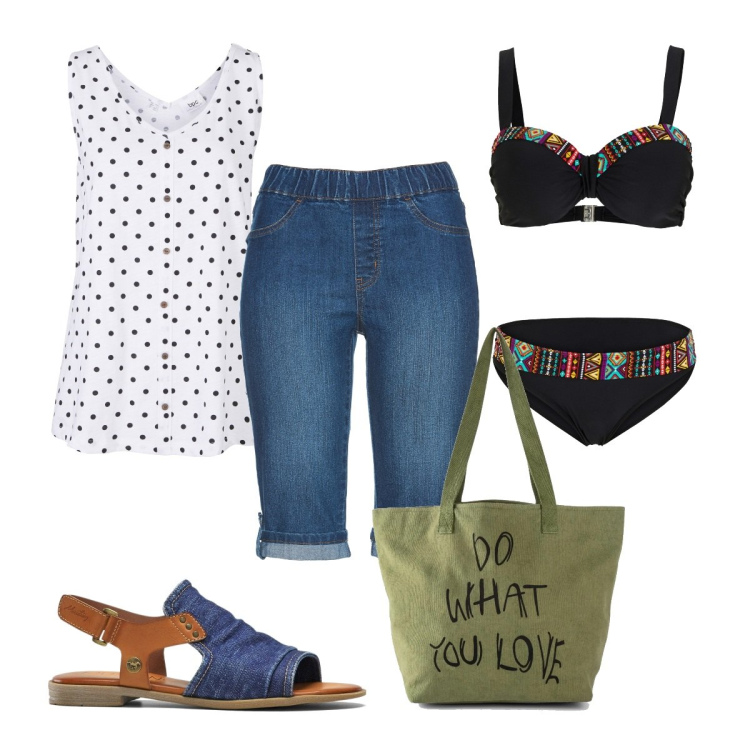 Outfit donna - Versione casual per il mare. Stile Casual per Mare. Abbinamento con bermuda, bikini, top, sandali, shopping bag.