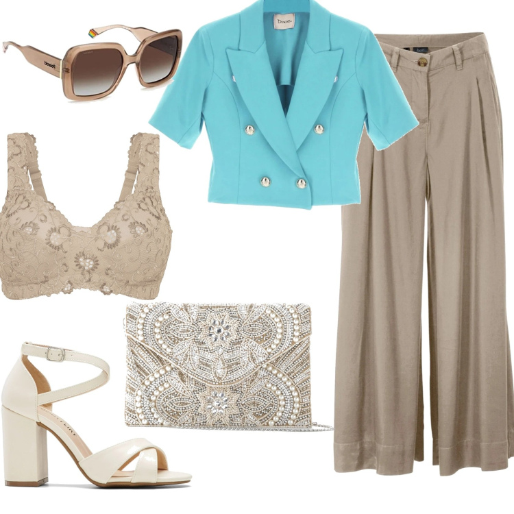 Outfit donna - Welcome June 2023. Stile Chic per Serata fuori. Abbinamento con reggiseni, pochette, pantaloni capri, sandali col tacco, giacche, occhiali da sole.