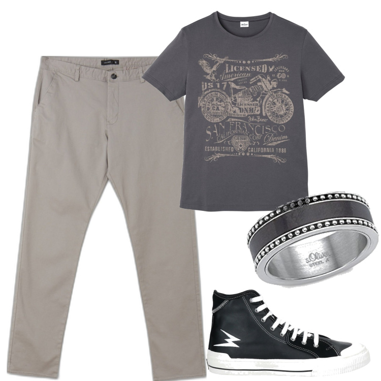 Outfit uomo - Stiloso. Stile Casual per Tutti i giorni. Abbinamento con t-shirt, sneakers, pantaloni chino, anelli.