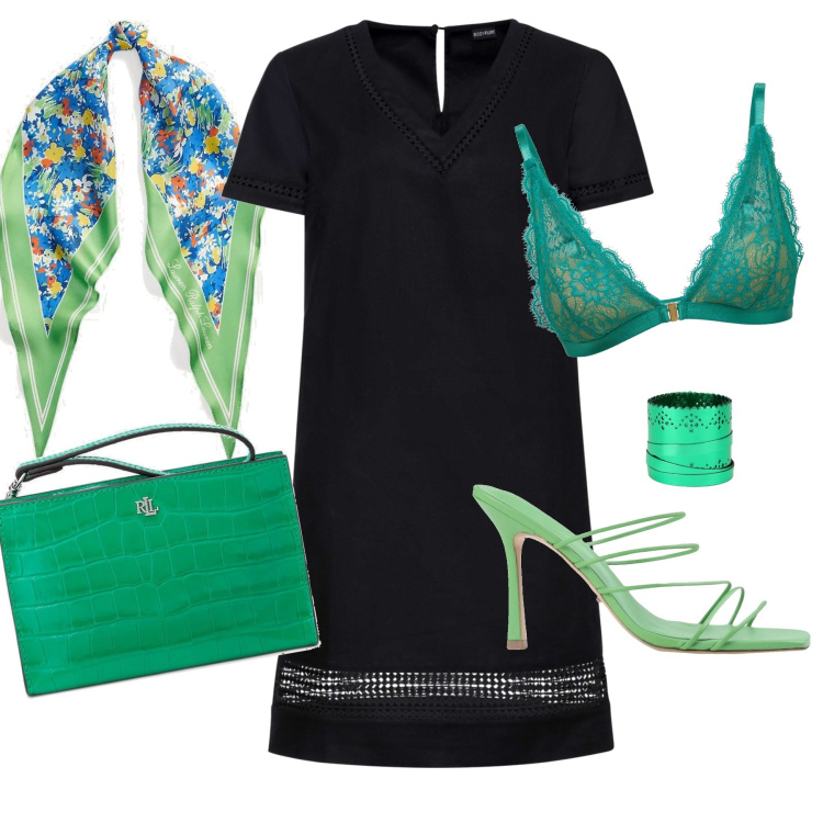 Outfit donna - Nero e verde. Stile Bon Ton per Tutti i giorni. Abbinamento con vestiti, sandali in pelle, cinture, pochette, foulard, reggiseni.