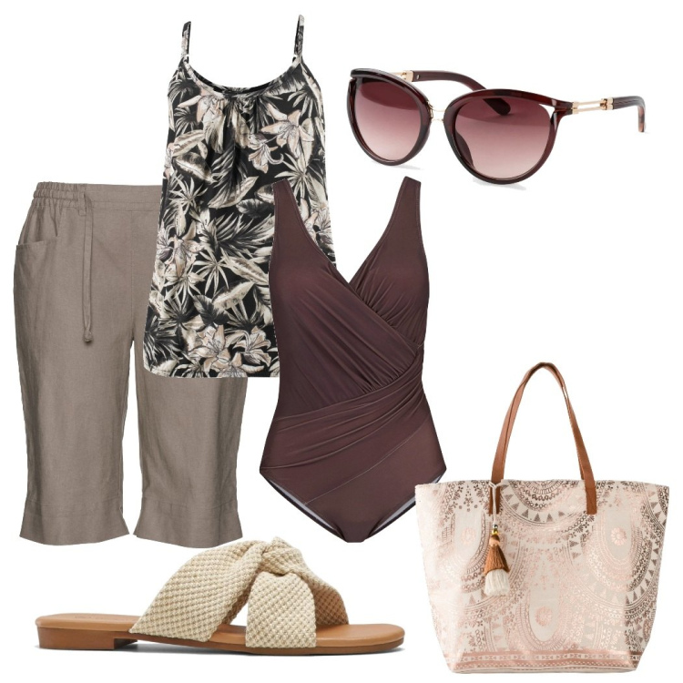 Outfit donna - Mare. Stile Basic per Mare. Abbinamento con costumi interi, bermuda, top, occhiali da sole, shopping bag, ciabatte.