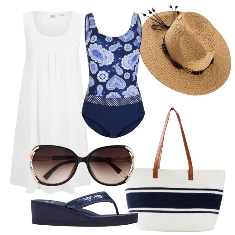 Outfit donna - Sotto il sole. Stile Bon Ton per Mare. Abbinamento con costumi interi, occhiali da sole, infradito, cappelli, shopping bag, vestiti senza maniche.