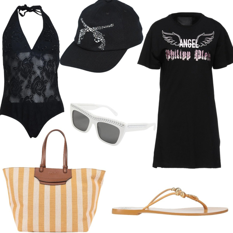 Outfit donna - Summer by the sea. Stile Casual chic per Mare. Abbinamento con cappelli con visiera, costumi interi, infradito, borse a mano, vestiti corti, occhiali da sole.