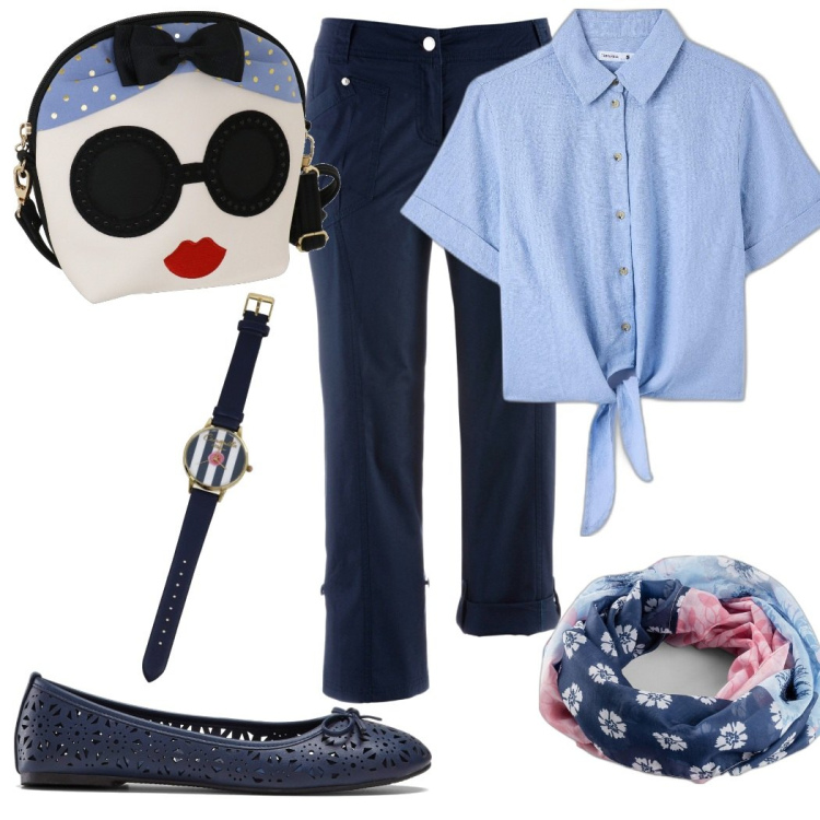Outfit donna - Pin up. Stile Trendy per Scuola/Università. Abbinamento con ballerine, pantaloni capri, foulard, camicie a manica corta, orologi, pochette.