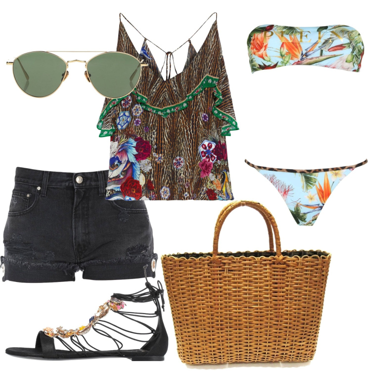 Outfit donna - Yoox Estivo Premium. Stile Casual chic per Mare. Abbinamento con top, shorts, borse a mano, bikini, sandali in pelle, occhiali da sole.