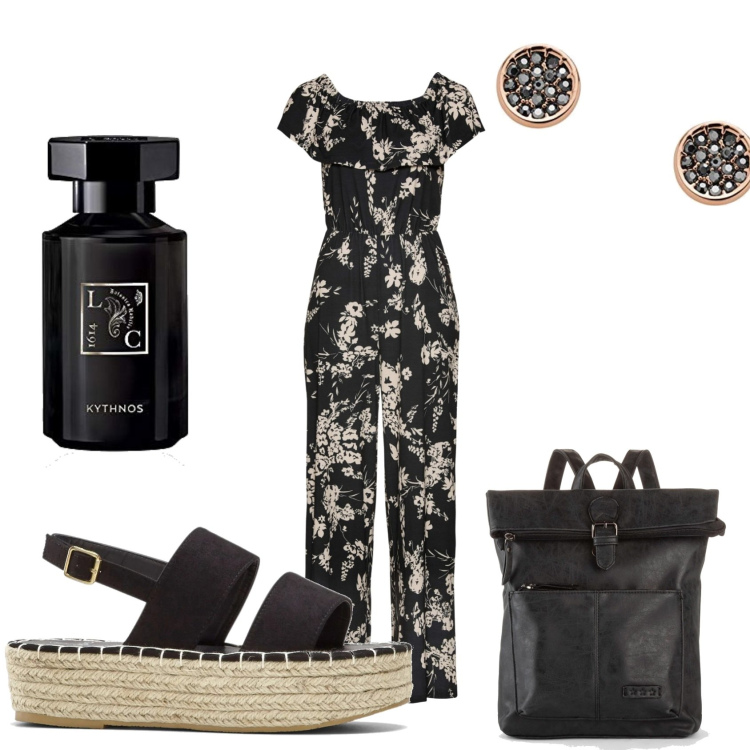 Outfit donna - Fiori in tuta trendy. Stile Trendy per Tutti i giorni. Abbinamento con zaini, tute, sandali, orecchini, profumi.