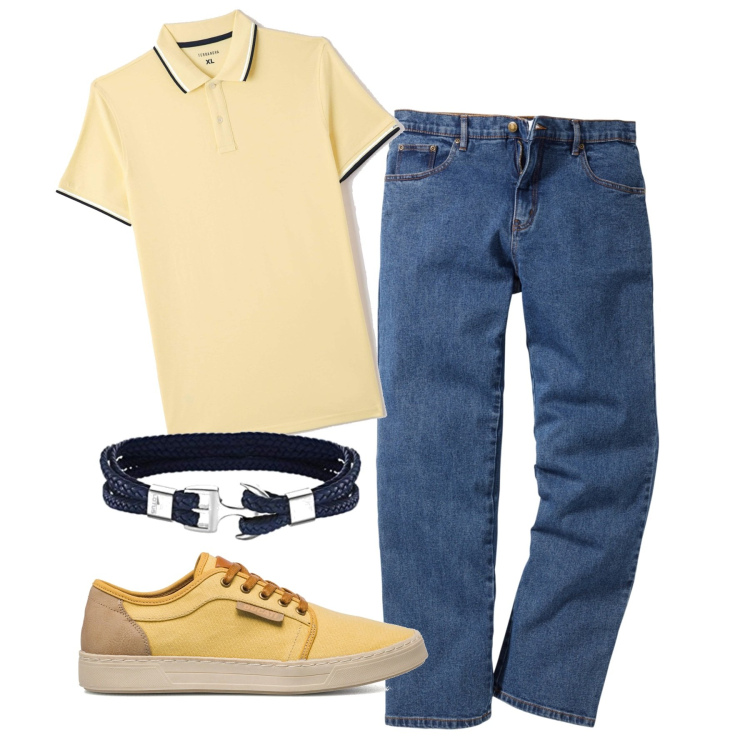 Outfit uomo - Con la polo paglierino. Stile Casual per Tutti i giorni. Abbinamento con jeans dritti, t-shirt, sneakers, braccialetti.