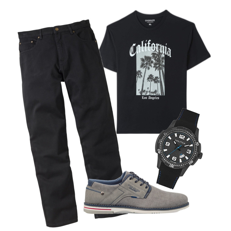 Outfit uomo - Nero jazz. Stile Casual per Tutti i giorni. Abbinamento con jeans dritti, t-shirt, scarpe stringate, orologi analogici.